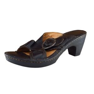 Børn‎ Black Leather Size 8 Strappy Buckle Block Heel Slip On Mules Sandals